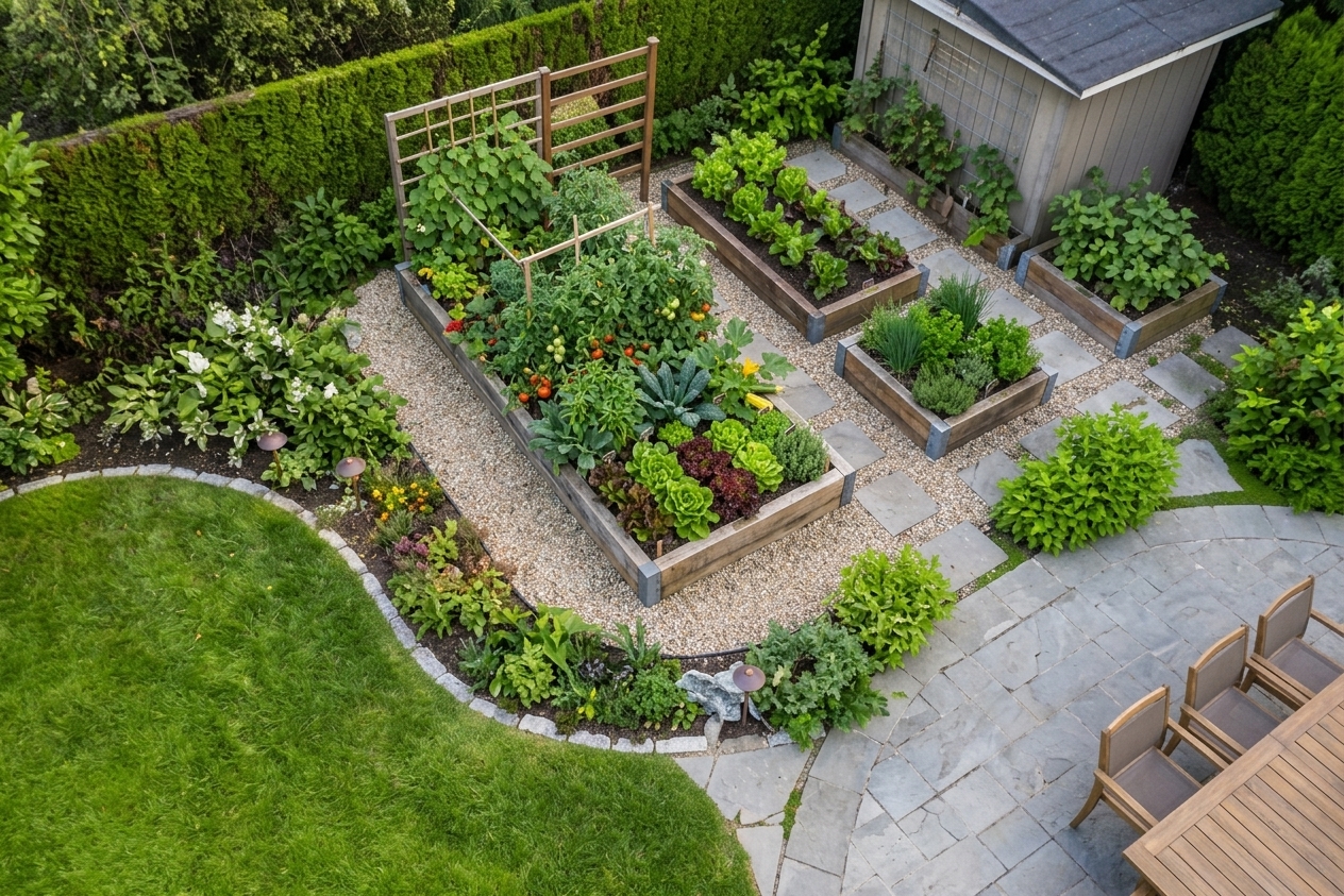 Even compact or irregular spaces can be zoned effectively with clear material and level changes.